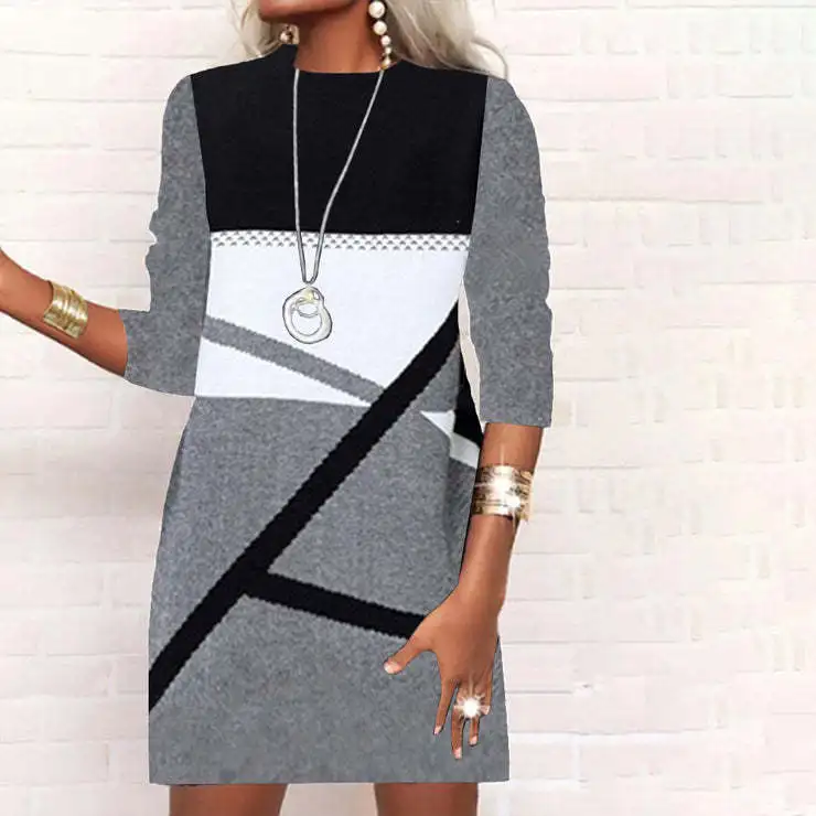 Fashion O-neck Long Sleeve Mini Dress Women 2024 Fall Casual Print Slim Office Ladies Dresses For Women Robe Femme