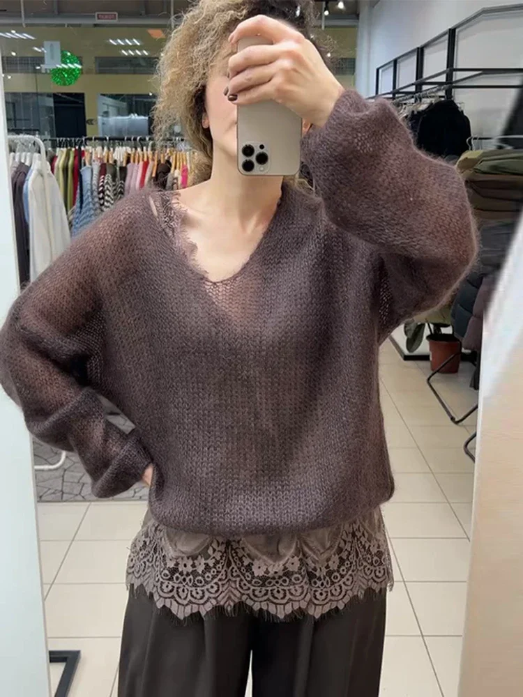 

Женский однотонный прозрачный вязаный свитер, костюм из двух предметов, жилет с кружевной отделкой, ажурный топ, весна-осень, женский повседневный прогулочный костюм, повседневный подходящий