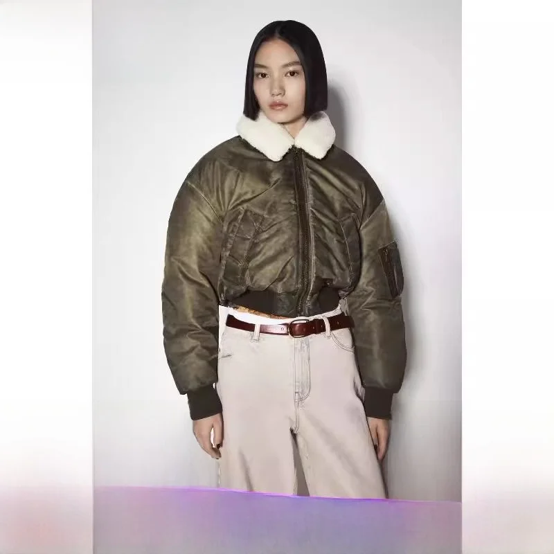 

Зимняя женская винтажная нейлоновая куртка-пилот 2025 года в американском стиле, свободного кроя, короткая верхняя одежда на молнии