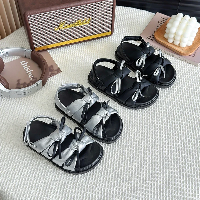 2025 Brand New Girls Princess Sandals with Double Bow-knots Fashion Classic Kids Summer Beach Shoes Open Toes Sweet Anti-skid