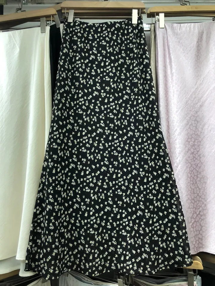 New 2026 Women's Polka Dot Striped Floral Bodycon Skirt Female Spring Summer Sweet Elegant Slimming Fishtail Satin Long Skirt