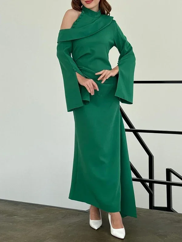 

Krismile Elegant Evening Maxi Dresses for Women 2024 New Solid Color Hollow Buttoned Asymmetric Flared Sleeves Round-neck Dress