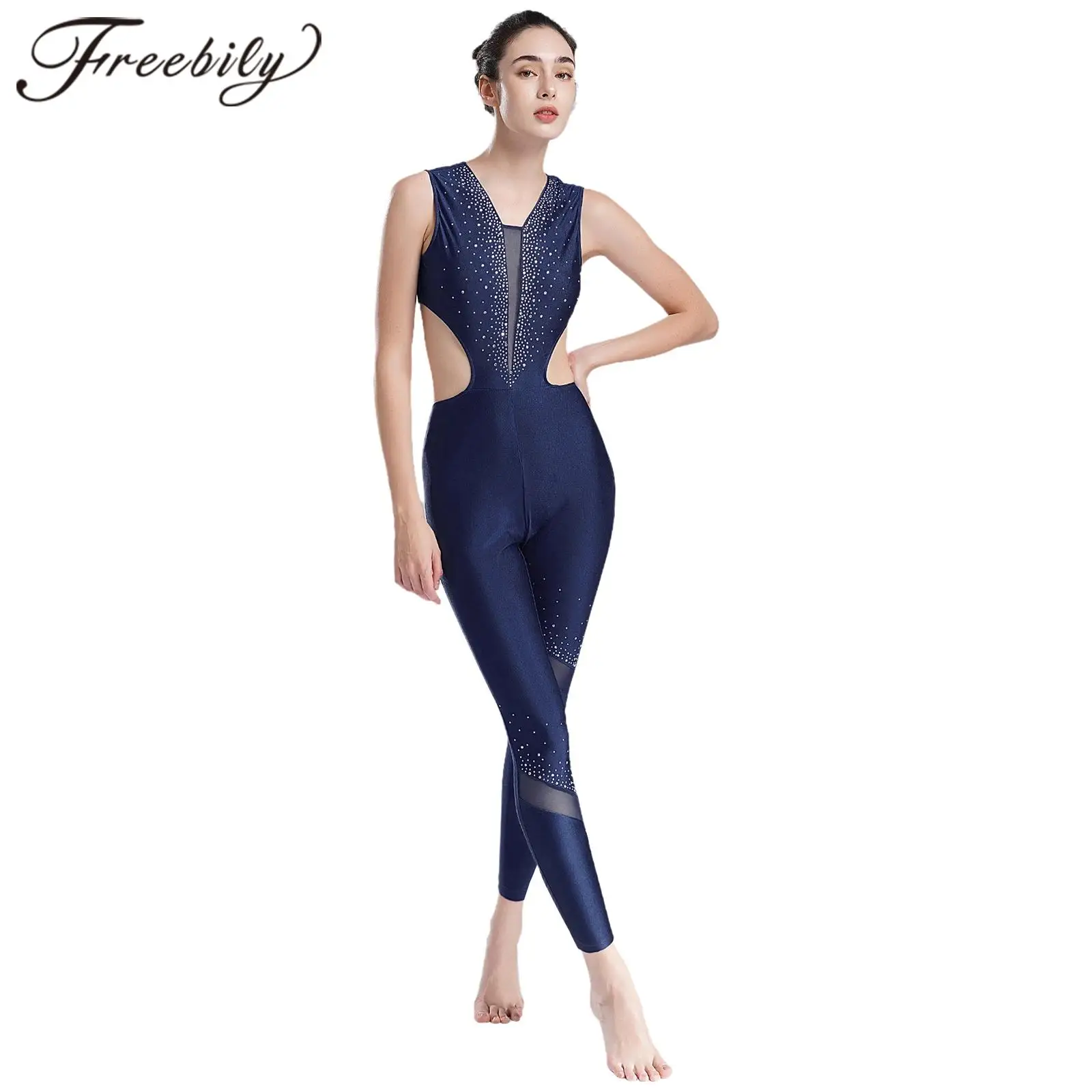 

Womens Rhythmic Gymnastics Jumpsuit Cutout Back Sleeveless Acrobatics Jumpsuit Ballet Tutu Dance Leotard Figure Skating Costume