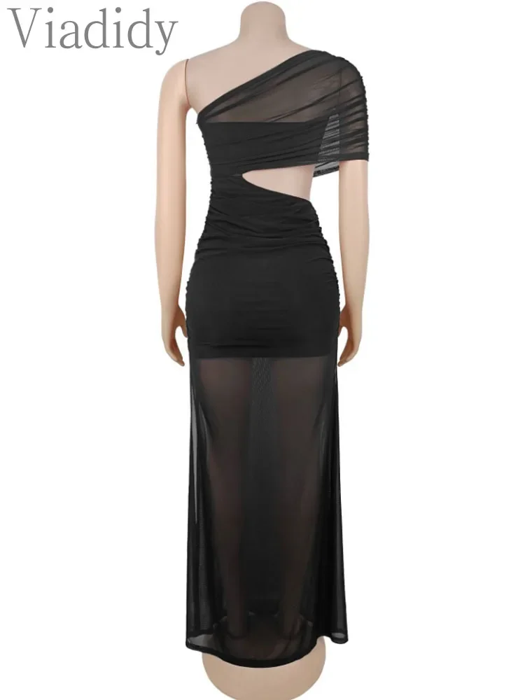 Women's Sexy See Through Sheer Mesh One Shoulder Sleeveless Hollow Out Ruched Side Slit Maxi Dress