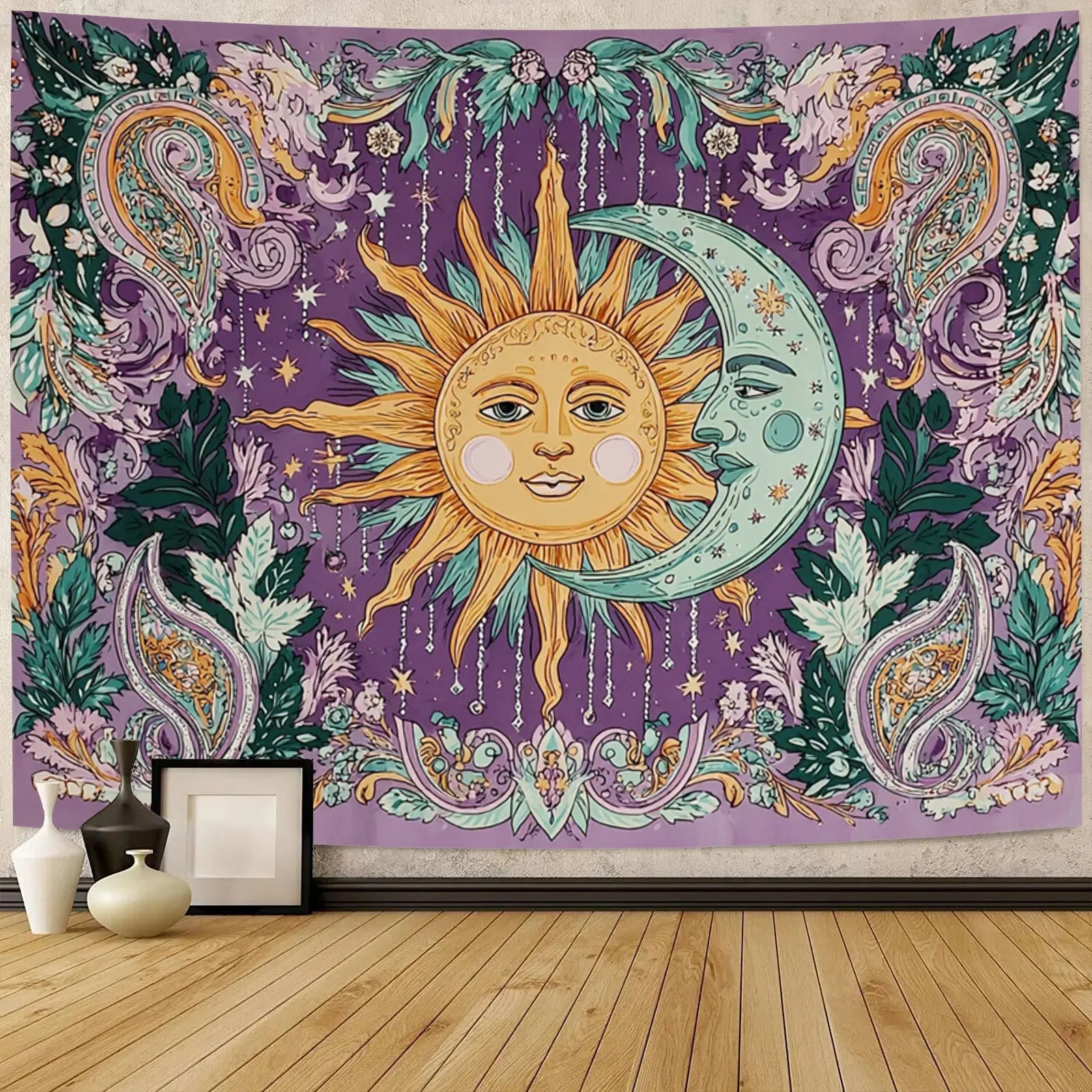 VIKAMA Bohemian Purple Tone Sun Moon God Tapestry Wall Hanging for Bedroom Living Room Decor Vintage Paisley Pattern Sun Moon