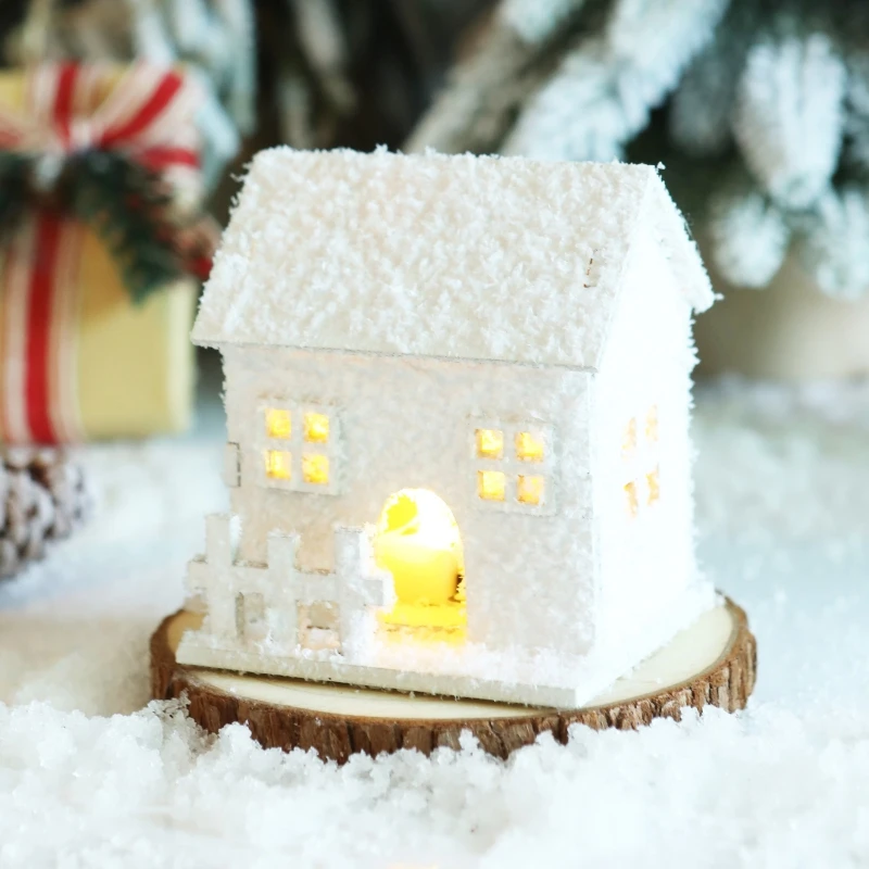 Christmas LED Light House Luminous Wooden Cabin Ornament Snow Scene Village Christmas Decoration For Home New Year Kids Gifts