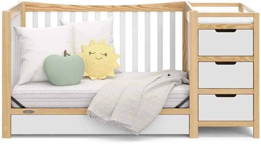 Berço e trocador conversível de madeira 4 em 1 em branco/natural