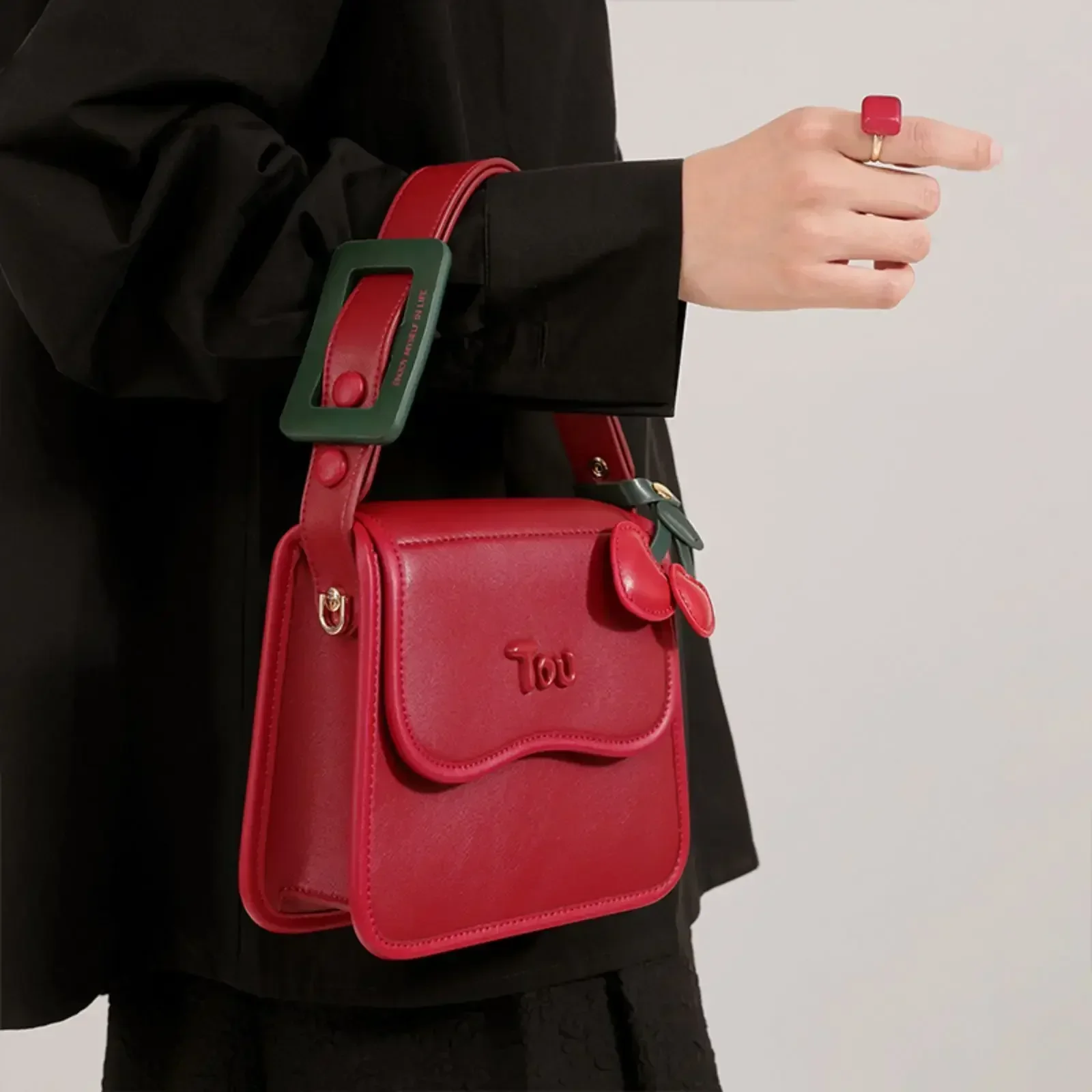 TOUTOU Cherry Small Square Bag Red Small Shoulder Bag Adjustable Strap Leather Crossbody Fashion Female Handbag Makeup Replica