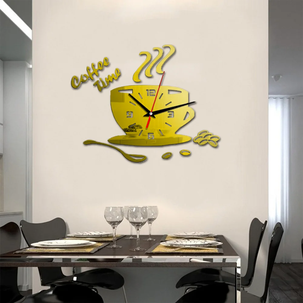 Creative Coffee Cup Wall Clock Sticker Modern Design 3D Mirror Home Decoration Accessories Living Room Background Wall Decor