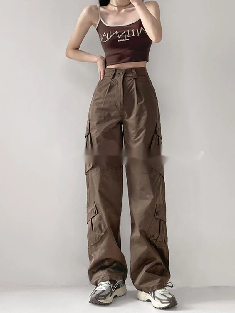 

American TVVOVVIN 2023 Girls Lazy Multi Pocket Workwear Pants Women's Loose Casual Slim Straight Leg Strap Wide Leg Pants CQ2Z