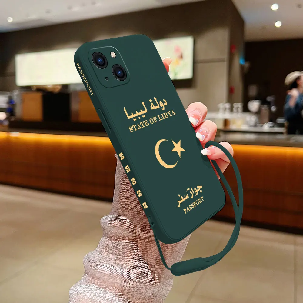 Libya Passport Phone Case For iPhone 15 14 13 12 11 Pro Max Mini X XR XSMAX 8 7 6S Plus Soft Silicone Cover With Hand Strap