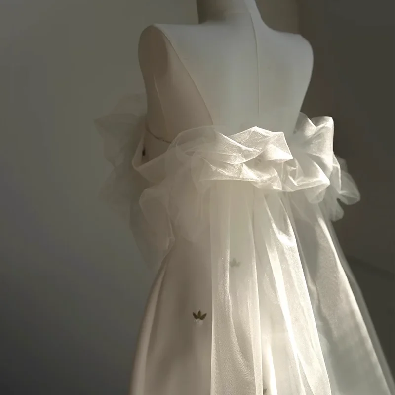 Semplici abiti da festa di nozze coreani per le donne Sweety al largo della spalla A-line Stain Abito da banchetto Abito da sera Vestido De Festa