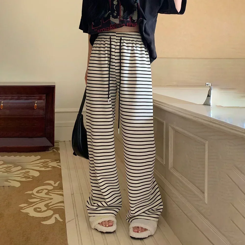 Loose Slim Summer Pants Woman Straight Side-striped Casual High Waist Pants Female White Black Korean Women's Pants