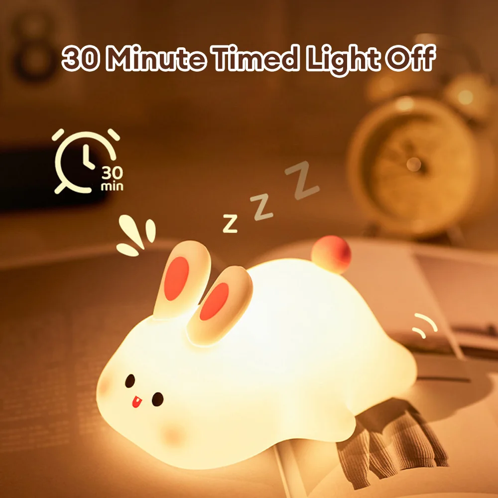 LED Cute Rabbit Silicone Lamp USB Rechargeable Timing Bedside Decor Light 3 Level Dimmable Breastfeeding Nursery Night Light