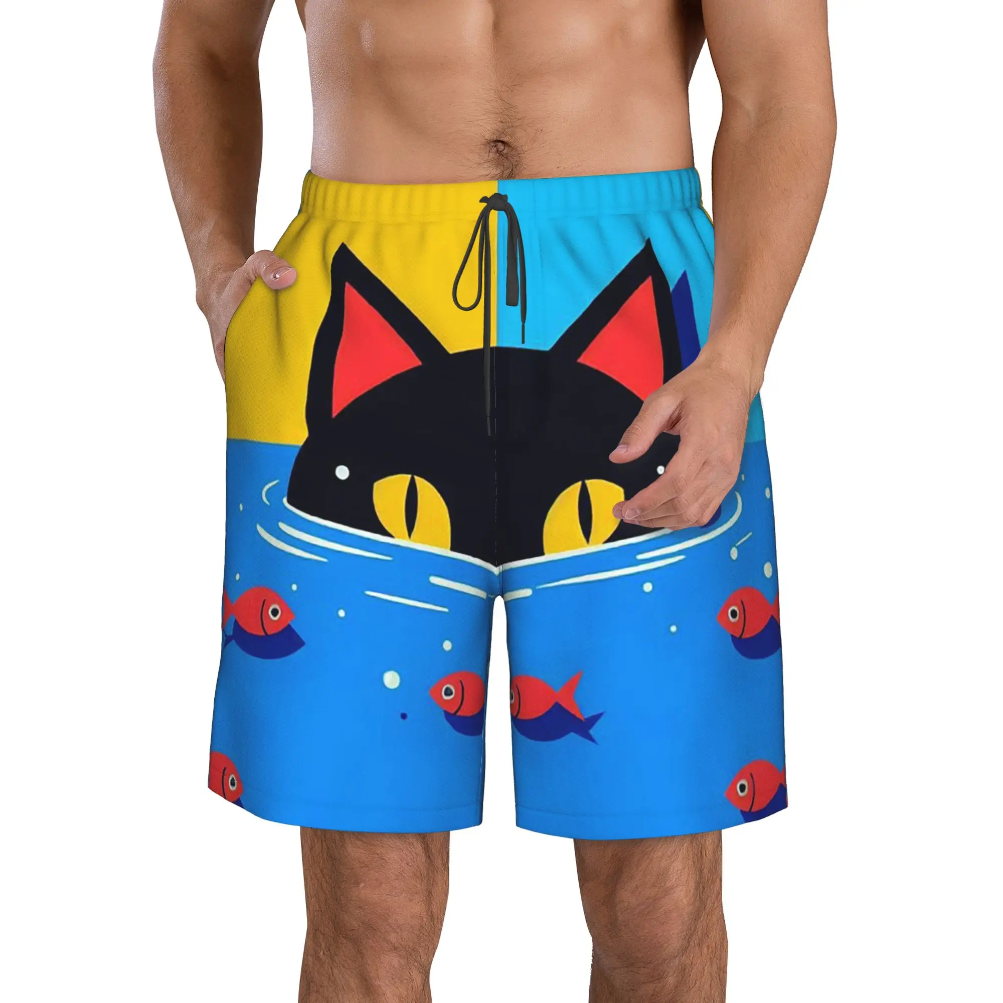 Black Cat Peeking Into Water Staring at Swimming Small Fish Trunks Beach Board Shorts Casual Quick Dry Swim Summer Men Pants