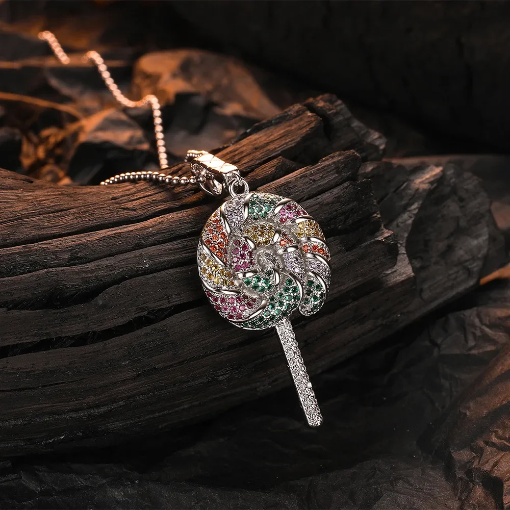 S925 Sterling Silver Rainbow Lollipop Pendant Necklace for Women (40cm + 3.5cm) Free Shipping on Luxury Jewelry