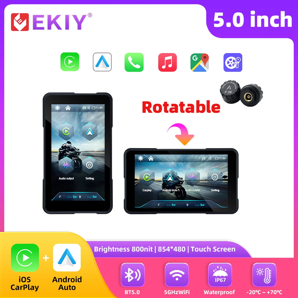 

EKIY 5 Inch Rotatable Motorcycle Carplay GPS WiFi MOTO Navigation Wireless CarPlay Wireless Android Auto Motor Rotating Screen