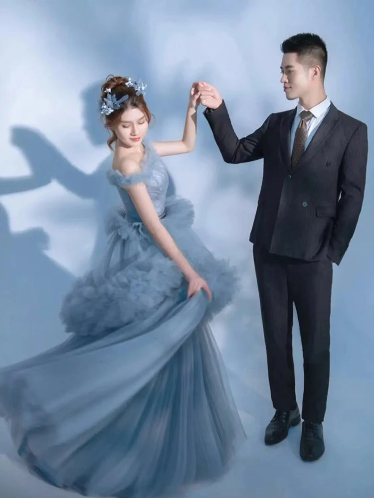 Aangepaste blauwe vrouwen trouwjurken nieuw ontwerp tule off-shoulder bruidsjurken formele vestido de noiva gewaad mariage