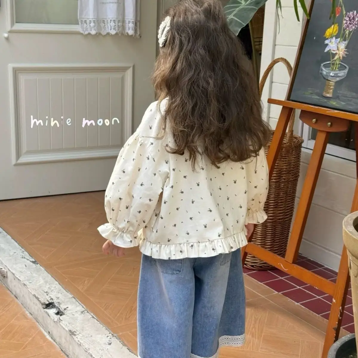Korean Beige Children's Clothes Baby Girl Top Jacket Spring Autumn Outerwear New Cotton Blouse Sweet Floral Plaid Pocket Shirts