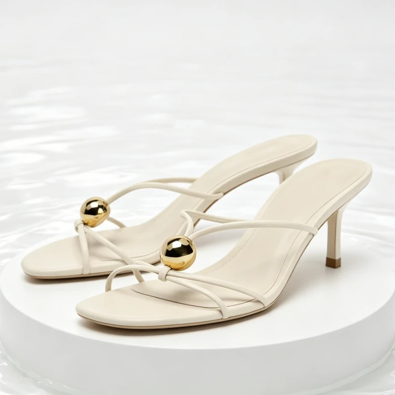 Fashion Round Toe Metal Detail Stiletto Slippers Women Elegant Narrow Band Design Sandals Summer Street Style Shoes  for Ladies