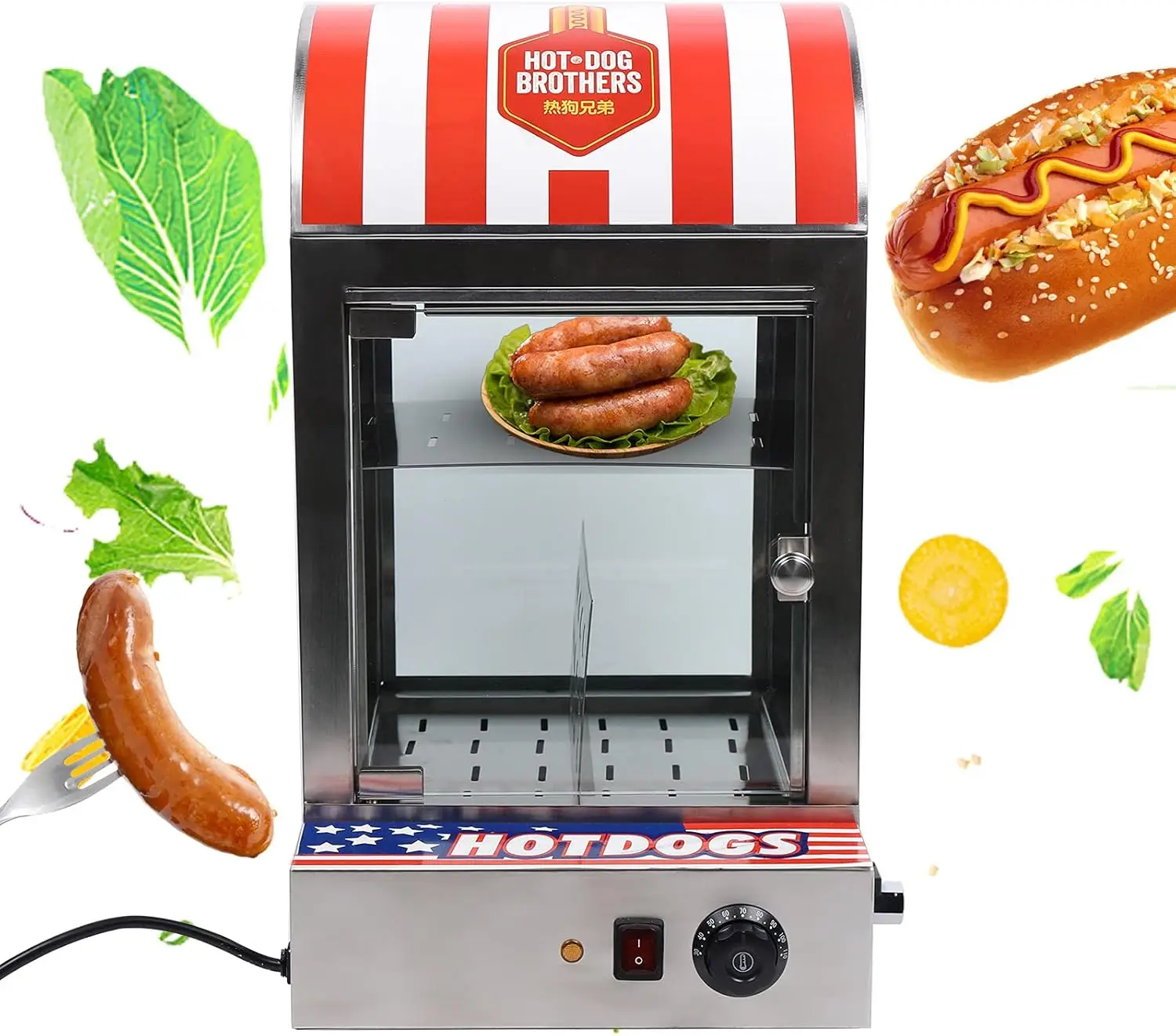 Hot Dog Steamer Machine, 110V 1500W 30-110℃/86-230℉ 2-Tier Commercial Top Load Hot Dog Hut Steamer, Stainless Steel Electric Bun