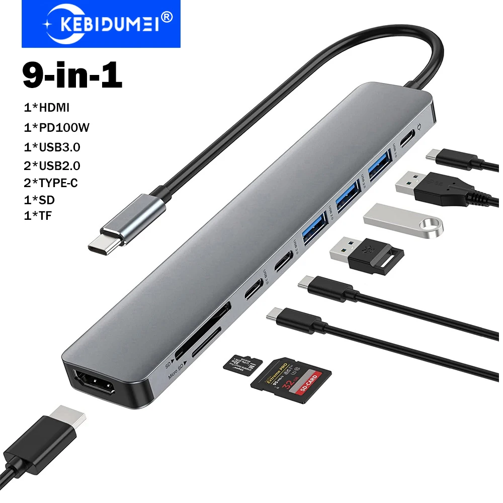 KEBIDUMEI 9-in-1 USB C Docking Station USB 3.0 Hubs 5Gbps Transmission USB HUB TYPE-C to 4K HDMI Adapter USB Splitter for Laptop