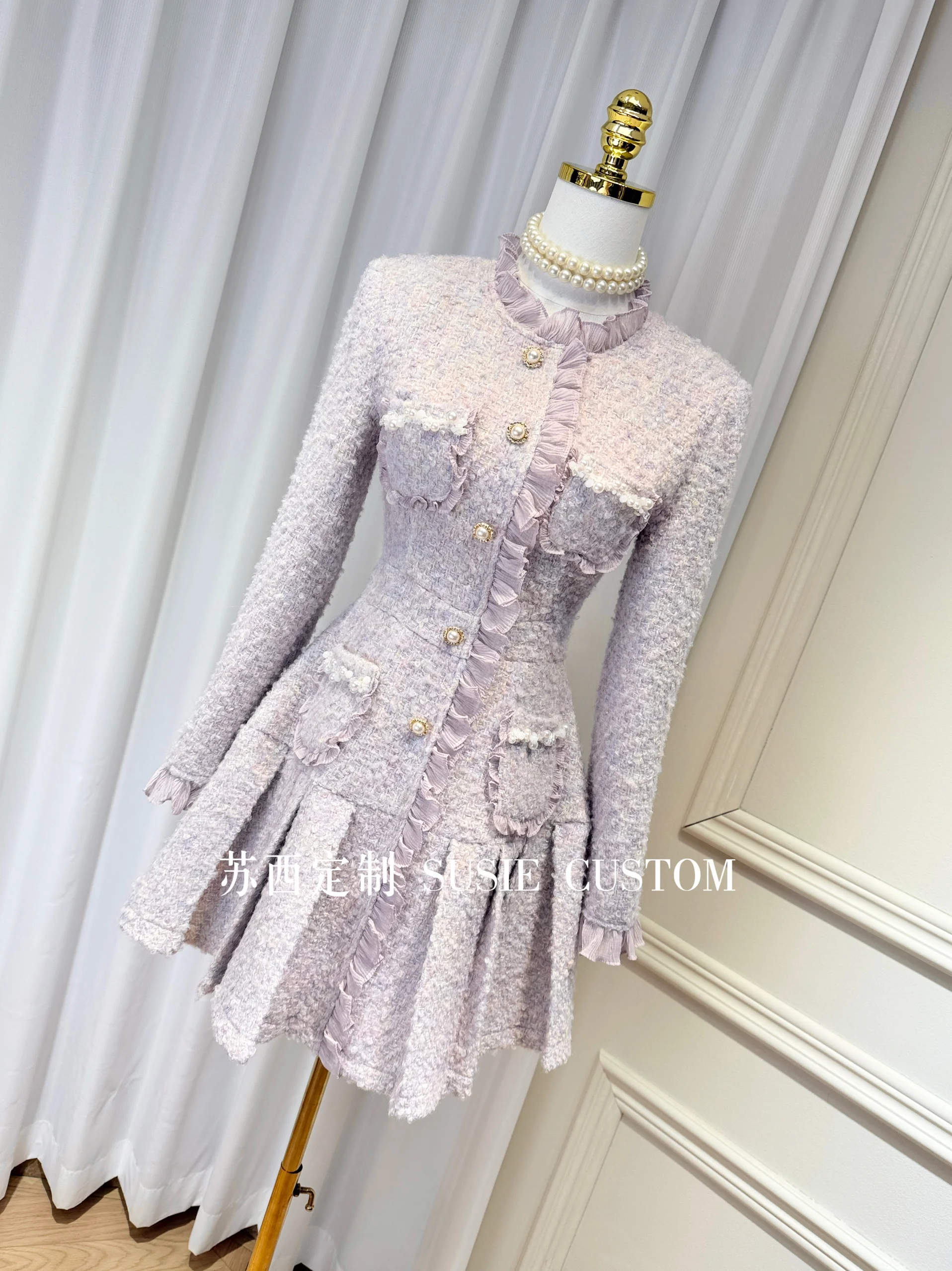 French Elegant Socialite Ruffles Splicing Bead Pocket Single-breasted High Waist Slim A-line Tweed Pleated Short Dresses Women