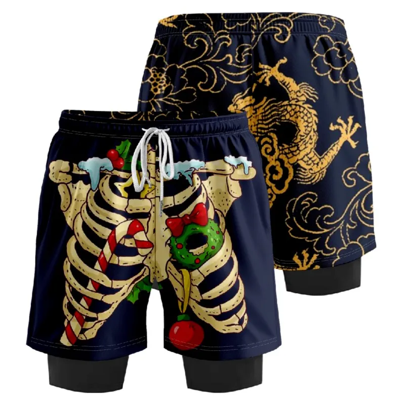 Men's False Two Shorts Y2k Beach Sports Shorts Skull Rose Print Shorts Summer Streetwear Short For Men Basketball Pants