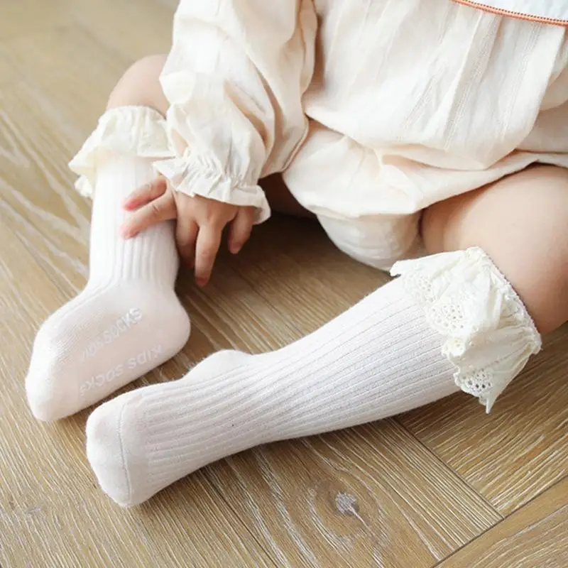 54DF الرضع طفل الفتيات جوارب طويلة إلى الركب تكدرت الدانتيل مضلع جوارب القطن عدم الانزلاق
