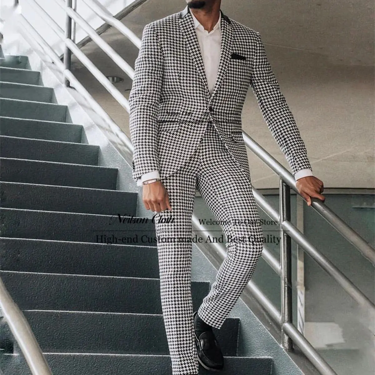 

HoundStooth Men Suits Notched Lapel Male Prom Blazers 2 Pcs Sets One Button Groom Wedding Tuxedos Office Slim Fit Costume Homme