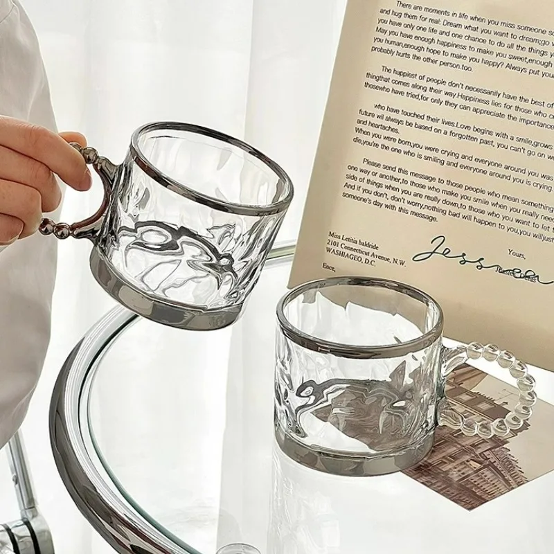 Personalized Silver Beaded Mug Large Ears Silver Mugs Iced American Latte Coffee Glasses Cups High-end Glass Water Cup Home Tool