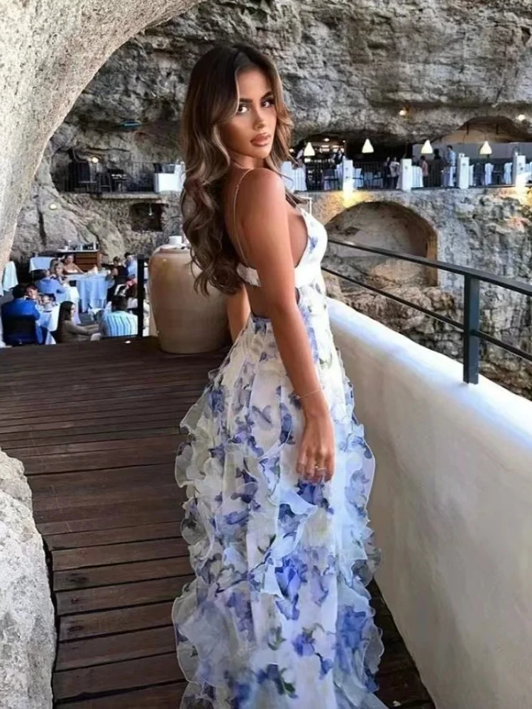 Summer New 2024 Women Sexy scollo a V Backless Flower Chiffon Maxi abiti Dress Split Celebrity Cut Out Beach Maxi Dress