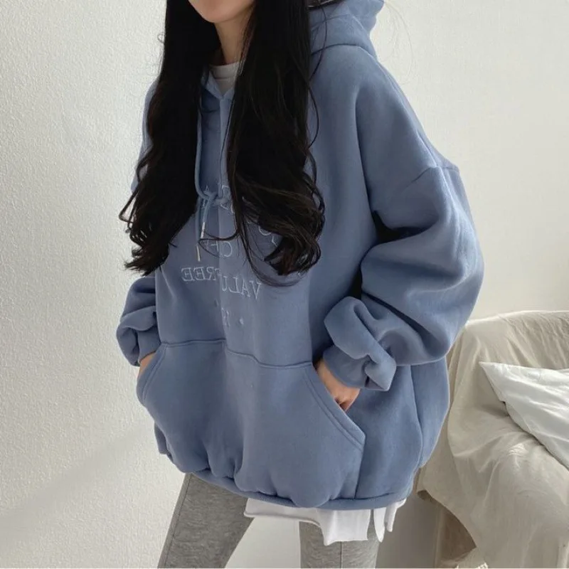 Oversize Embroidery Casual Hoodies Women Sweatshirts Hoodies New Plush Hooded Sweatshirt Woman 2024 Autumn Winter Streetwear