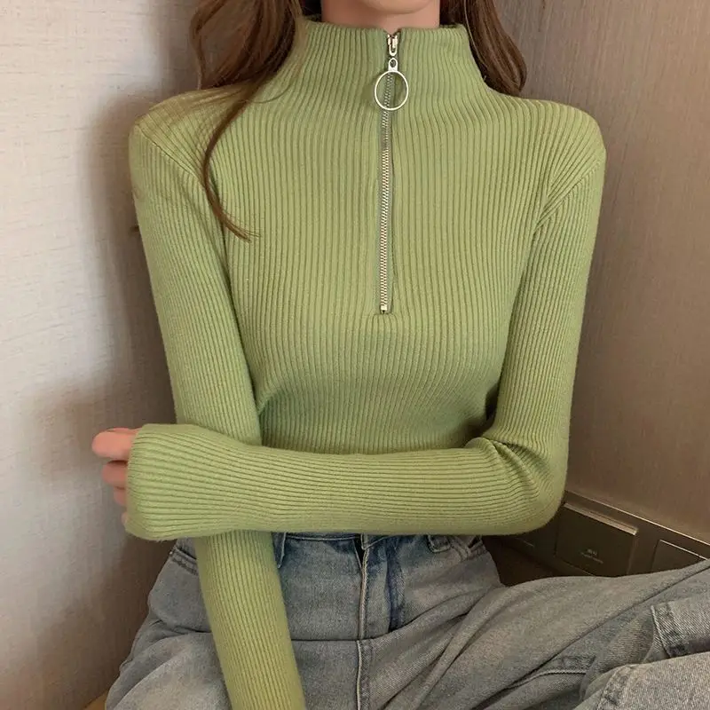 

Turtleneck Zipper Pullover Knitwear Undershirt Women Slim Top FAutumn Winter Knit Sweaters Soft Y2k Top Sweaters Jumper Trend