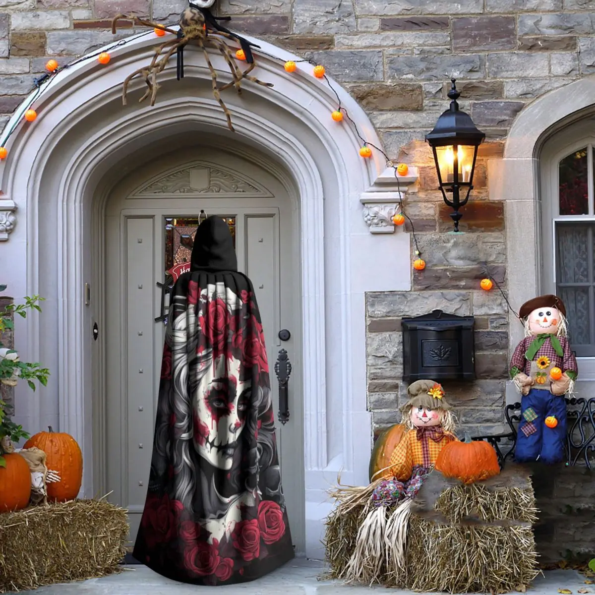 ألكسندر القوطية لاس أنيقة الفتيات يوم الموتى الجمجمة طويلة مقنعين عباءة الساحرة القرون الوسطى زي تأثيري كيب هالوين معطف