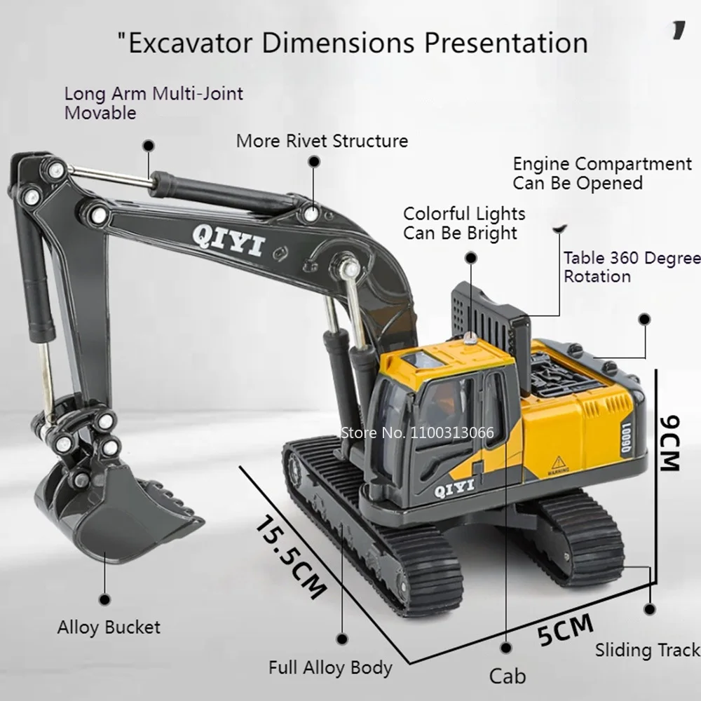 1/60 Engineering Excavator Metal Models Cars Toy with Light Sound Excavators Workbench Rotates 360 ° Vehicle Kids Festival Gifts