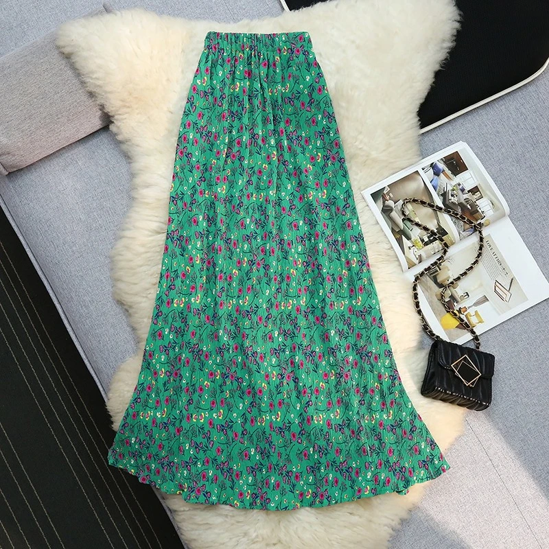 

Seoulish Spring Summer Vintage Floral Printed Women's Mermaid Wrap Skirt 2025 New High Waist Green Pleated Fishtail Skirt Female