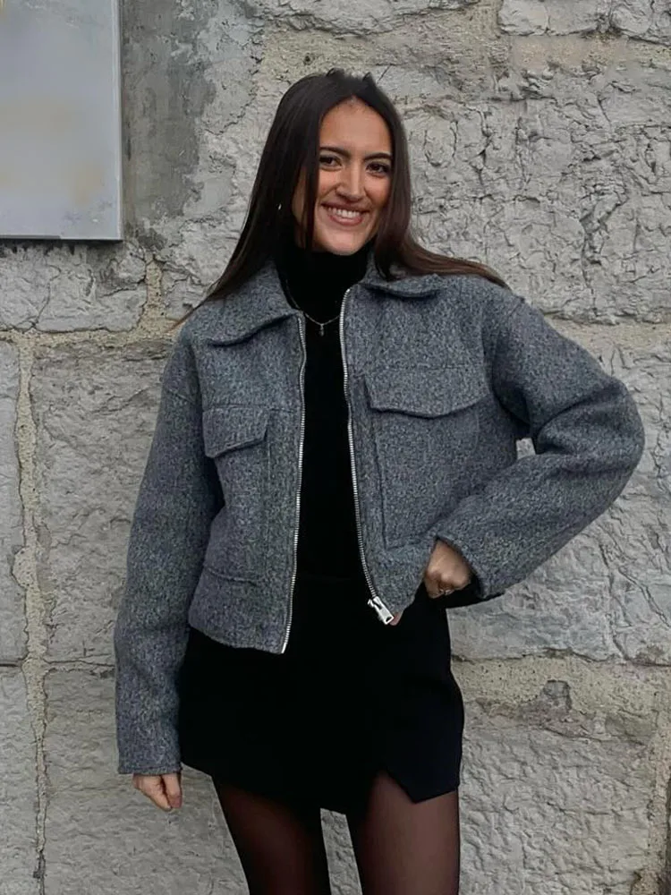 HH automne gris femmes Bouclé veste courte manteau à manches longues poche fermeture éclair col Polo veste femmes haut court manteau Y2k