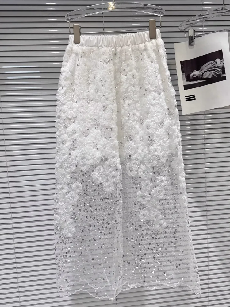 DFDG レディース 春 白 レース ツーピースセット 長袖ブラウス スパンコールスカート フォーマルウェア 2025 トレンド フェミニンファッション 衣装セット