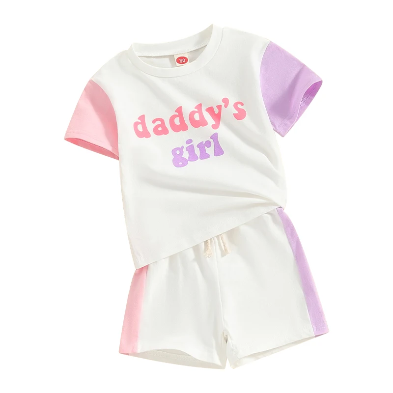 Toddler Baby Girl Summer Clothes Block Color Short Sleeve Daddy s Girl Shirt Top Cotton Shorts Cute Outfit