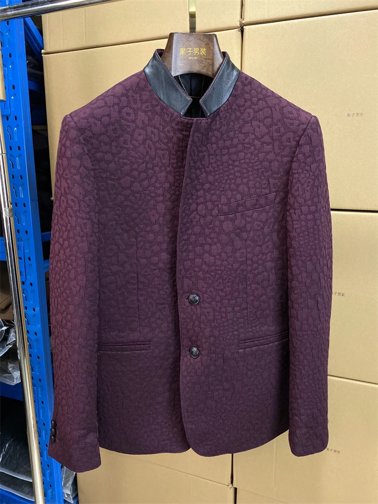 

Faionable Slim Fit Leather Suit Jaet Men's Stand Collar Bubble Fabric Western Wear Casual Single Button Long Sve Coat