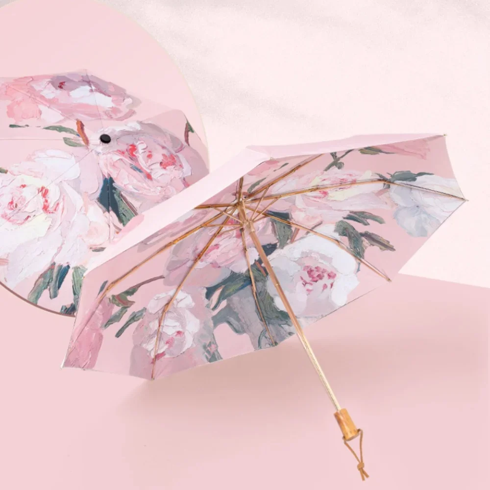 Double Layer Umbrella Wood Handle Vintage Floral Three Fold Umbrellas Foldable Uv Protection Sunshade Sun Protection Umbrellas