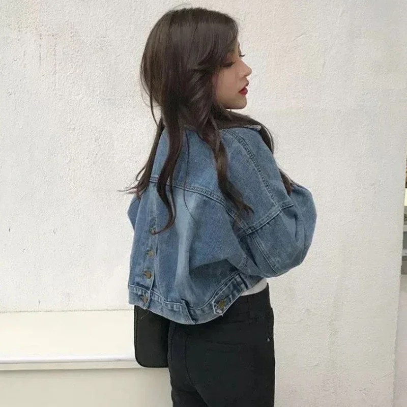 Cropped Denim Jacket Women Korean Fashion Back Split Buttons Up Bomber Jacket Female Lapel Long Sleeve Jeans Coats 2024