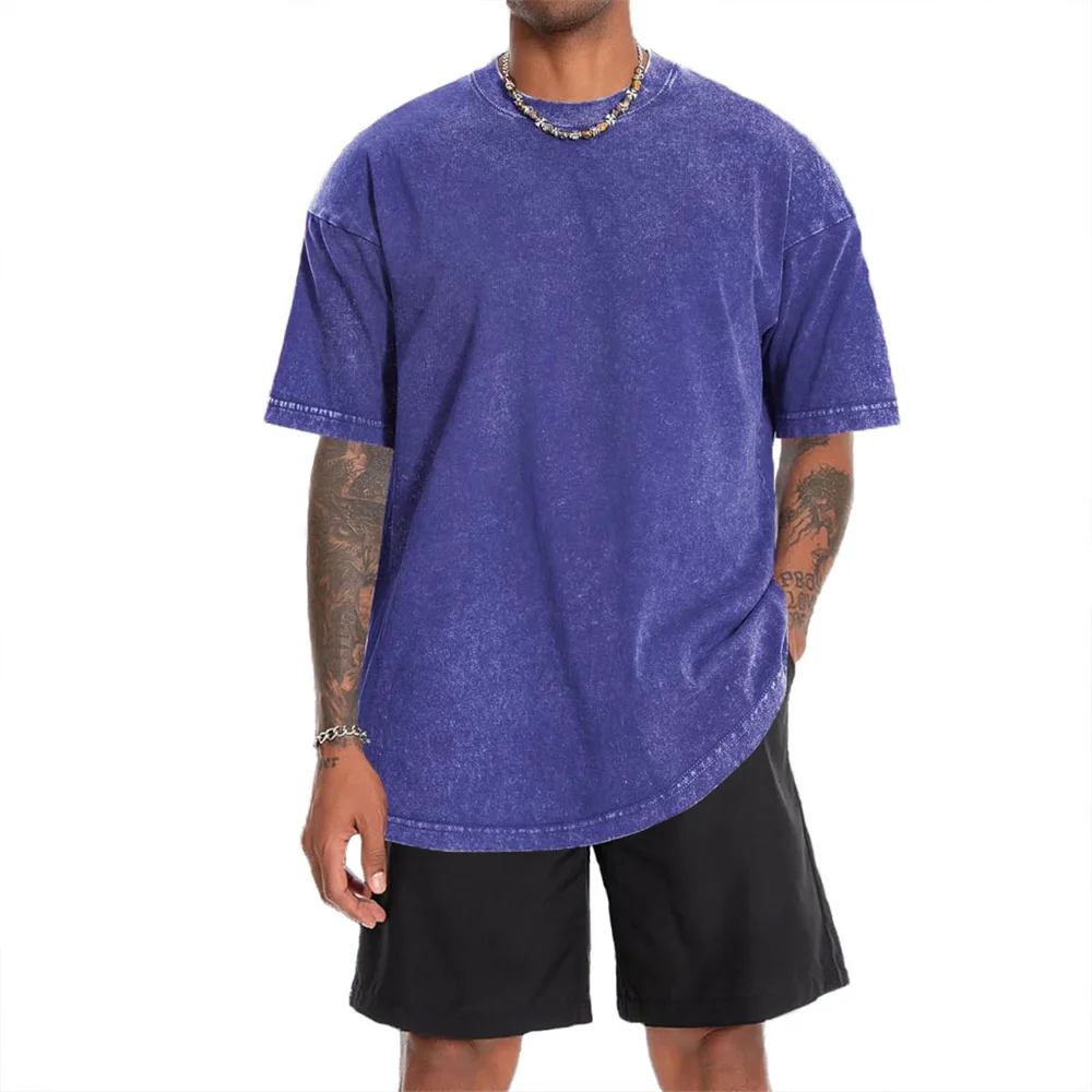 

Summer Men's Cotton T-shirt Retro Washed Oversized Crew Neck Tees Casual Solid Color Breathable Loose Fit Male Stylish T-shirts