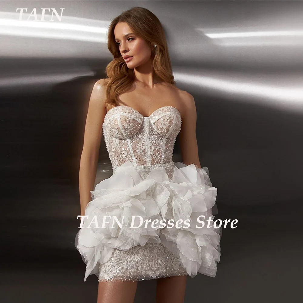 TAFN Luxury Mini Wedding Dresses Sweetheart Collar Strapless Exquisite Lace Beading Pleat Bridal Gown Custom Made Short Gown