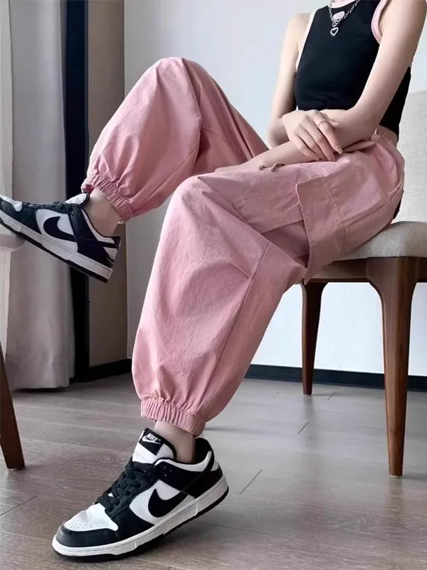 

Женские рабочие брюки больших размеров с завязками, тонкие, прохладные, нежно-розовые, в стиле Harlan, летние повседневные брюки для полных женщин (до 300 фунтов)