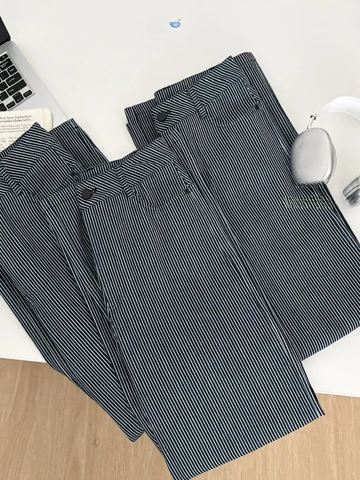 Blue Striped Wide Leg Jeans Women's Loose Casual Straight Cut Trousers Versatile Autumn New Sle Ladies Faion