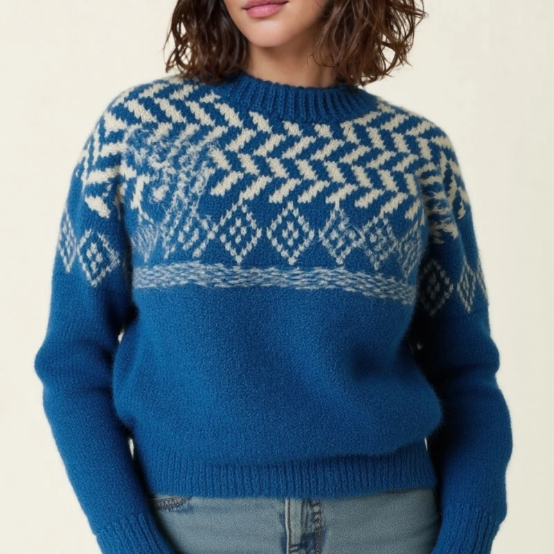 

Korean Patterned Blue Sweater New Women's Autumn Loose Casual Pullover Sweater Top Fashion O-neck Long Sleeve Knitted Tops
