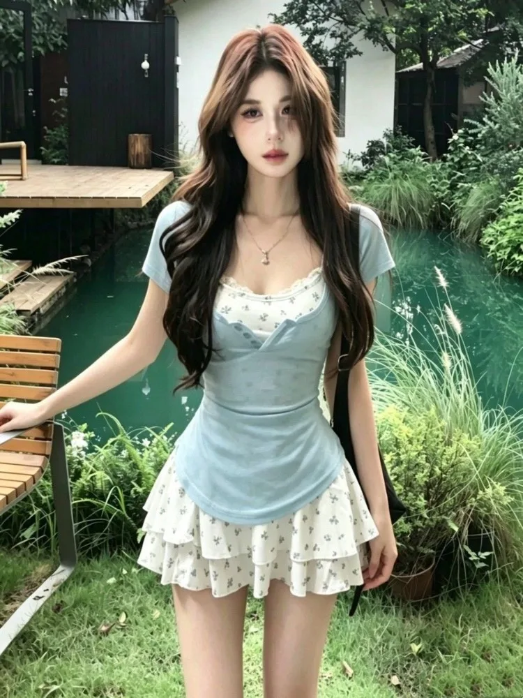 Women 2 Piece Set Summer Blue Short Sleeve Top And Floral Tiered Mini Skirt Matching Set Sweet Fairycore Y2k 2026