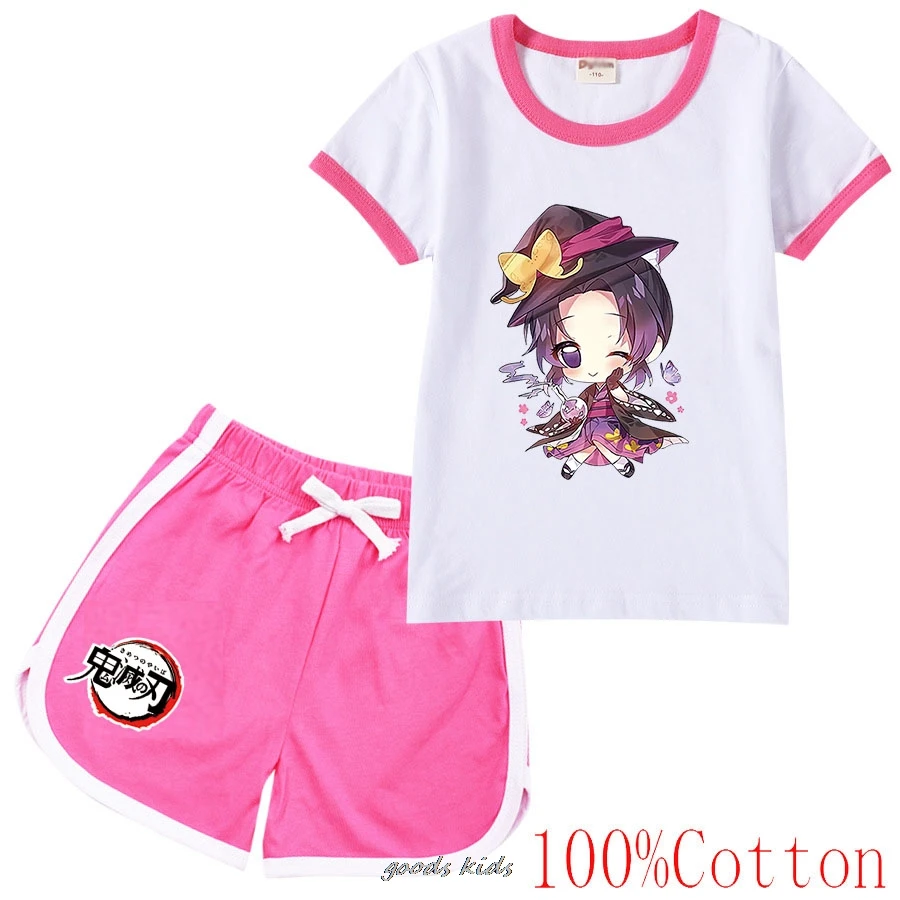 Hot Demon Slayer Set di t-shirt girocollo in cotone per bambini estivi adatto a ragazzi e ragazze di età compresa tra 2-15 Set di pantaloncini Casual e comodi